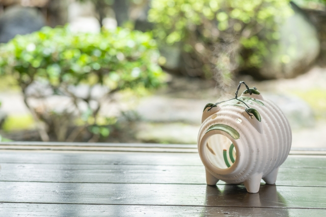 蚊の対策：豚の蚊取り線香と縁側